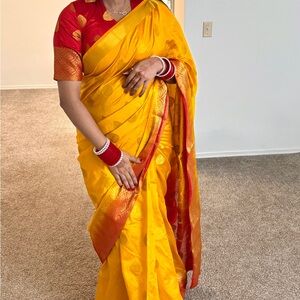 Elegant Yellow & Red Silk Saree – Traditional Festive Wear